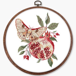 Persephone moth cross stitch pattern PDF - digital download - butterfly insect garnet death's head moth nature flower harvest CS53