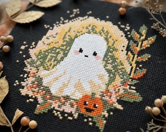 Autumn ghost cross stitch pattern PDF - boo gifts for halloween funny small fall simple cute spooky - digital download CS174