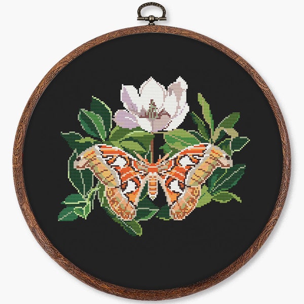 Atlas Moth cross stitch pattern PDF - butterfly insect magnolia flower plant modern embroidery nature theme - digital download CS140