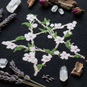 Forest pentagram cross stitch pattern PDF - digital download – pagan wiccan embroidery witch green folk witchcraft gothic Halloween CS78