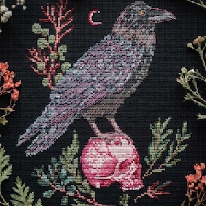 May include: A cross-stitch embroidery on black fabric featuring a detailed raven perched atop a pink skull. The design includes a small red crescent moon symbol above the bird, surrounded by green foliage and coral-colored branch accents.