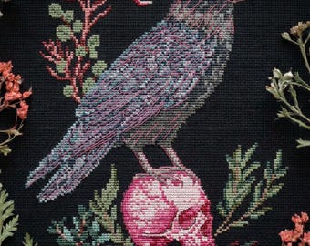 Gothic Raven Cross Stitch Pattern PDF, Crow and Pink Skull Embroidery, Halloween Decor, Witchy Cross Stitch CS141