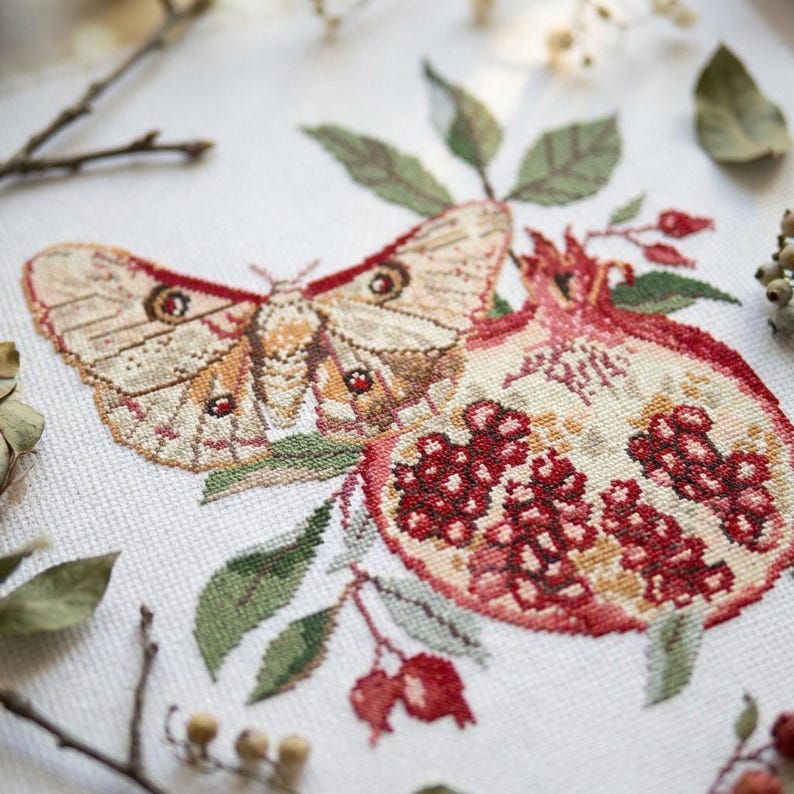 Persephone moth cross stitch pattern PDF - digital download - butterfly insect garnet death's head moth nature flower harvest CS53 image 9