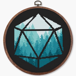 May include: A black and white geometric design of a 20-sided die with a blue and green forest scene inside.