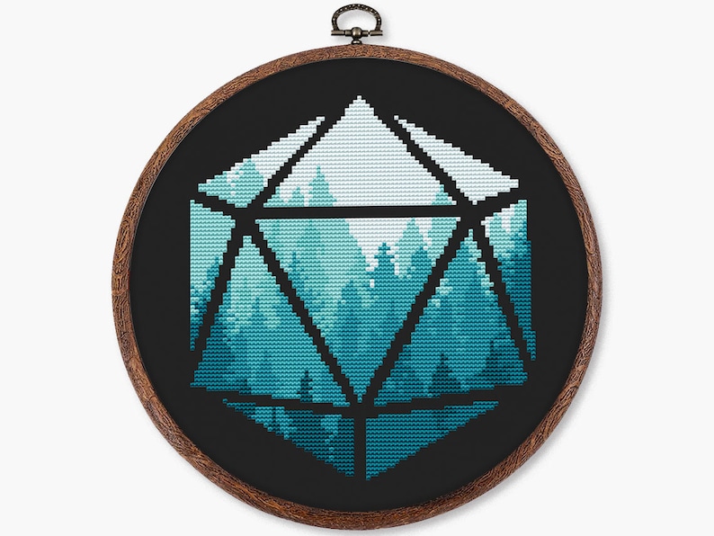 May include: A black and white geometric design of a 20-sided die with a blue and green forest scene inside.