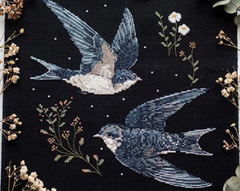 Swallow Birds Cross Stitch Pattern PDF, Flying Birds Embroidery Design, Cottagecore Nature Decor, Summer Wildflower Cross Stitch CS140