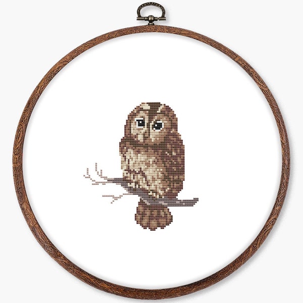 Forest owl cross stitch pattern PDF - cute cozy nature woodland craft beige nursery small realistic winter - digital download CS123