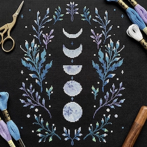 Winter witch cross stitch pattern PDF - moon phases astronomy forest decor black background mother nature night - digital download CS118 image 4