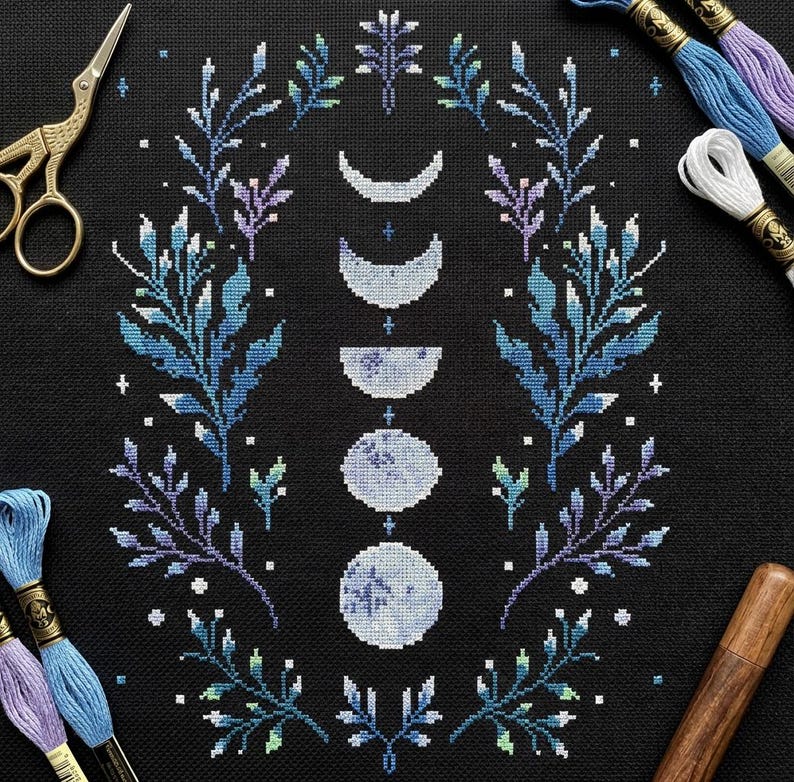 Winter witch cross stitch pattern PDF - moon phases astronomy forest decor black background mother nature night - digital download CS118 image 4