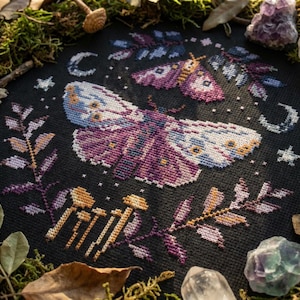 Gothic moth cross stitch pattern PDF - dark entomology cottagecore moon mushroom mystical occult wiccan witchy CS6