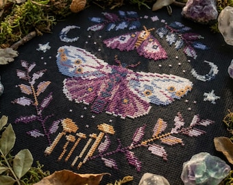 Gothic moth cross stitch pattern PDF - dark entomology cottagecore moon mushroom mystical occult wiccan witchy CS6
