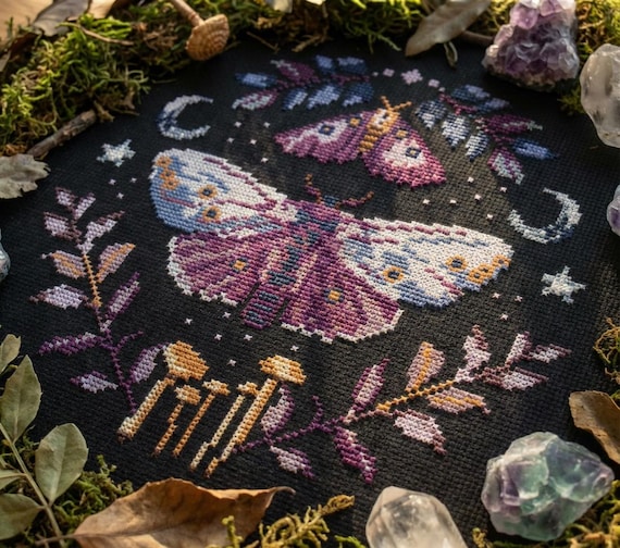 Gothic moth cross stitch pattern PDF - dark entomology cottagecore moon mushroom mystical occult wiccan witchy CS6