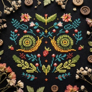 May include: A cross-stitch embroidery on black fabric featuring two snails with green shells and yellow bodies, surrounded by symmetrical floral and botanical motifs in shades of pink, teal, and light green, accented with small red berries.