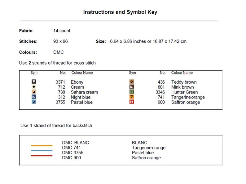 May include: A cross-stitch pattern instruction sheet with a white background. The sheet includes fabric details, stitch counts, and a color key with DMC thread numbers and names. The size is 6.64 x 6.86 inches.