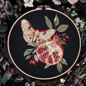 Persephone moth cross stitch pattern PDF - digital download - butterfly insect garnet death&#39;s head moth nature flower harvest CS53