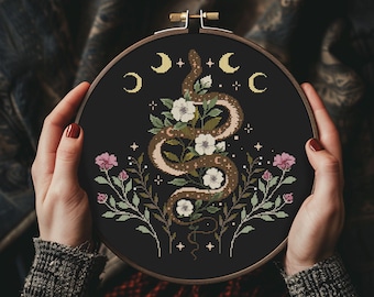 Gothic snake cross stitch pattern PDF - flowers crescent moon witchy reptile nature floral dark serpent - digital download CS155