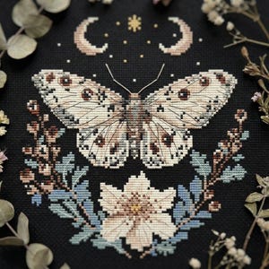 Korsstygnsmönster med vinterfjärilar - Häxig vårdesign Halvmåneblommor Svarta, mystiska broderier PDF - digital nedladdning CS42