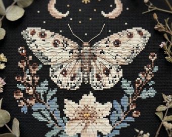 Winter Butterfly Cross Stitch Pattern - Witchy Spring Design Crescent Moons Flowers Black, Mystical Embroidery PDF - digital download CS42