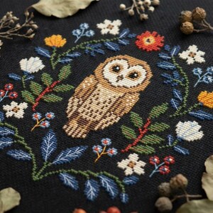 Owl Cross Stitch Pattern – Folk Owl Embroidery – Woodland Night PDF – Modern Folk Art Chart CS95 image 3