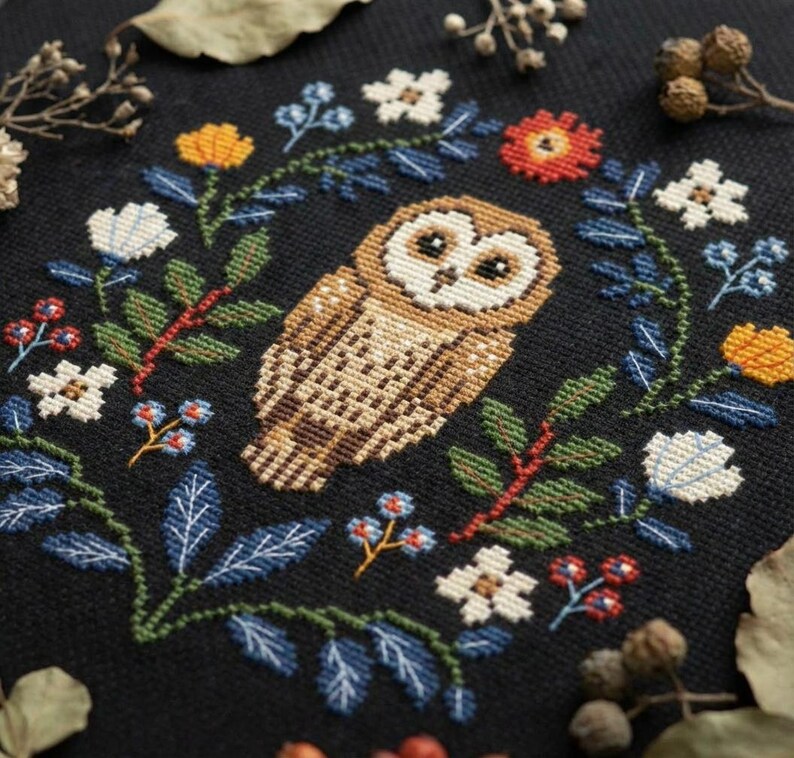 Owl Cross Stitch Pattern – Folk Owl Embroidery – Woodland Night PDF – Modern Folk Art Chart CS95 image 3