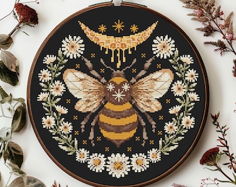 Bee cross stitch pattern PDF - digital download - insect honey bee floral nature embroidery x stitch CS1