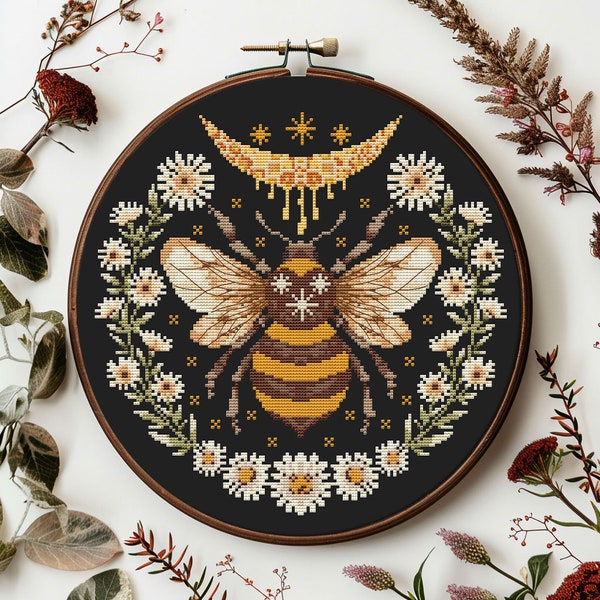 Bee cross stitch pattern PDF - digital download - insect honey bee floral nature embroidery x stitch CS1