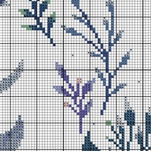 May include: A cross stitch pattern featuring a floral design with blue, purple, and green flowers on a white background.