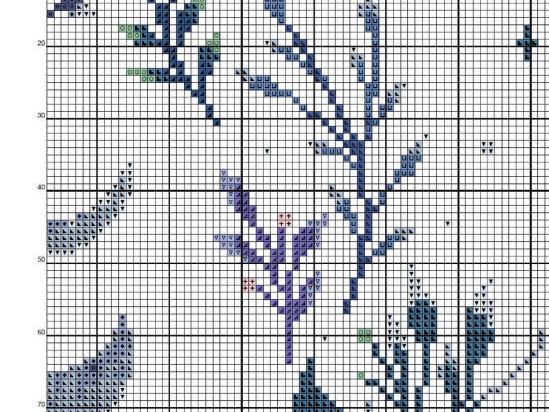 May include: A cross stitch pattern featuring a floral design with blue, purple, and green flowers on a white background.