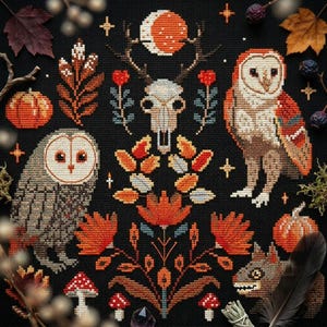 Autumn Owls Cross Stitch Pattern - Spooky Woodland Sampler with Barn Owls, Pumpkins Forest Magic - Halloween Primitive PDF Embroidery CS21