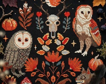 Padrão de Ponto Cruz Corujas de Outono - Amostra Assustadora da Floresta com Corujas-das-Torres, Abóboras e Magia da Floresta - Bordado Primitivo de Halloween em PDF CS21