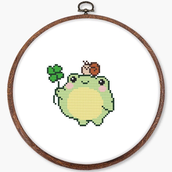 Frog gifts cross stitch pattern PDF - funny easy quick cute small tiny kawaii clover snail - digital download CS182