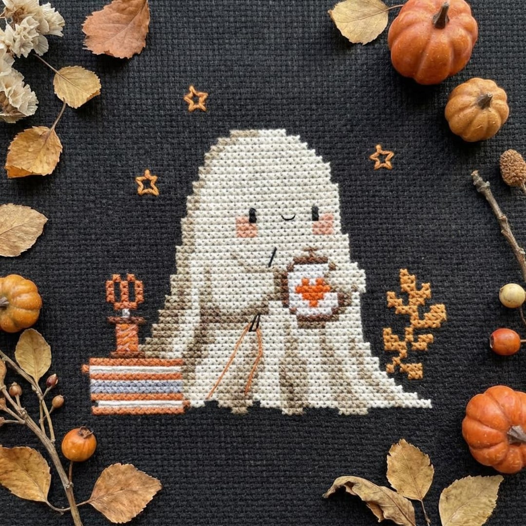 Ghost Stitching Pattern Ghost Cross Stitch Pattern – Cute Halloween Embroidery, Cozy Autumn ...