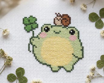 Frog gifts cross stitch pattern PDF - funny easy quick cute small tiny kawaii clover snail - digital download CS182