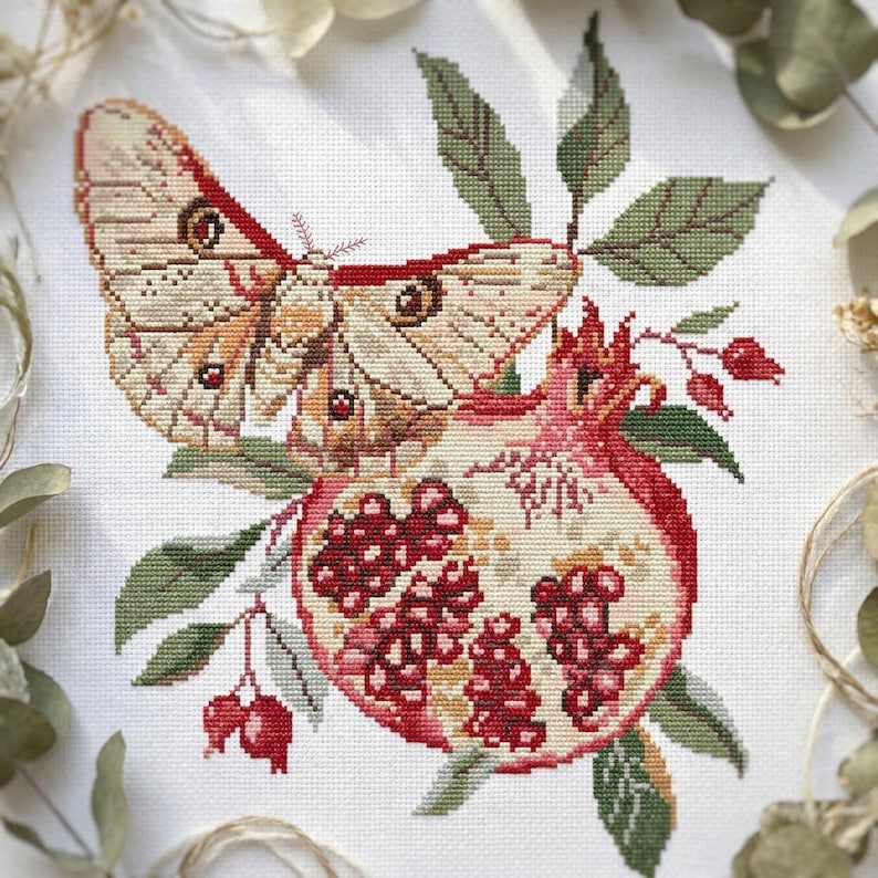 Persephone moth cross stitch pattern PDF - digital download - butterfly insect garnet death's head moth nature flower harvest CS53 image 3