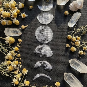 Moon phase cross stitch pattern PDF - planet astrology embroidery galaxy night black aida witchy wall art science - digital download – CS85