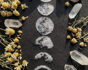 Moon phase cross stitch pattern PDF - planet astrology embroidery galaxy night black aida witchy wall art science - digital download – CS85
