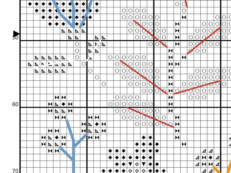 May include: Cross-stitch pattern featuring a stylized tree design. The pattern uses black, white, blue, and red elements on a grid. The design includes geometric shapes and lines, suitable for needlecraft projects.