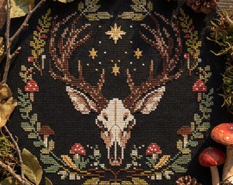 Mystical cross stitch pattern PDF - digital download – skull theme witchy gothic mushrooms enchanted forest goth embroidery modern CS59