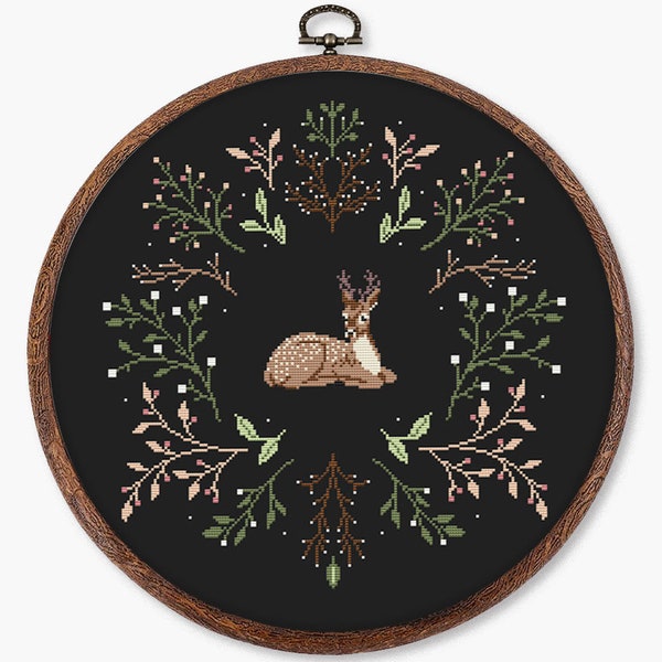 Mystical deer cross stitch pattern PDF - enchanted forest large simple modern witchy cottagecore woodland floral  - digital download CS161b