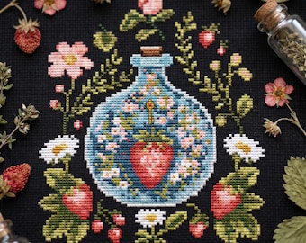 Strawberry Potion Cross Stitch Pattern PDF, Cottagecore Magic Embroidery Design, Botanical Strawberry Decor, Whimsical Floral CS142