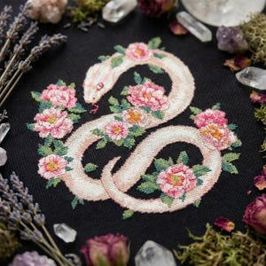 Puede incluir: Diseño de punto de cruz de una serpiente blanca adornada con flores rosas y melocotón y hojas verdes, sobre un fondo negro. La serpiente tiene una lengua roja. El diseño está rodeado de cristales, flores secas y lavanda.