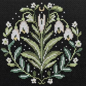 Snowdrops Cross Stitch Pattern – Primitive Style Floral Design on Black, Spring Nature Embroidery PDF - digital download CS39 image 6