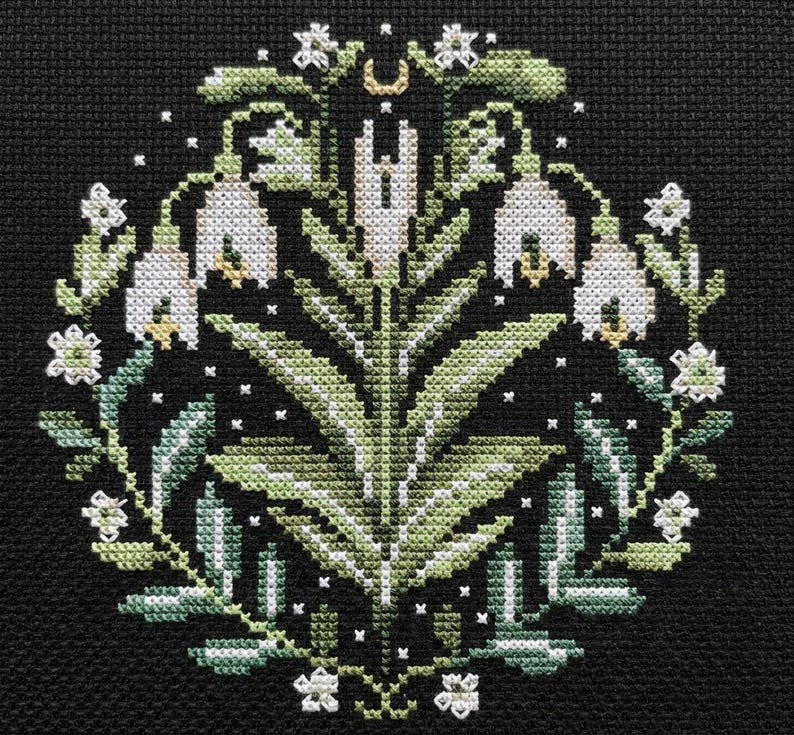 Snowdrops Cross Stitch Pattern – Primitive Style Floral Design on Black, Spring Nature Embroidery PDF - digital download CS39 image 6