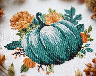 Kreuzstichmuster für einen herbstlichen Kürbisstrauß (PDF), Stickmotiv für Thanksgiving, rustikale Herbstdeko – digitaler Download CS183