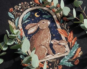 Primitive Bunny Cross Stitch Pattern – Fairytale Easter Embroidery PDF CS101