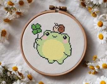 Frog gifts cross stitch pattern PDF - funny easy quick cute small tiny kawaii clover snail - digital download CS182