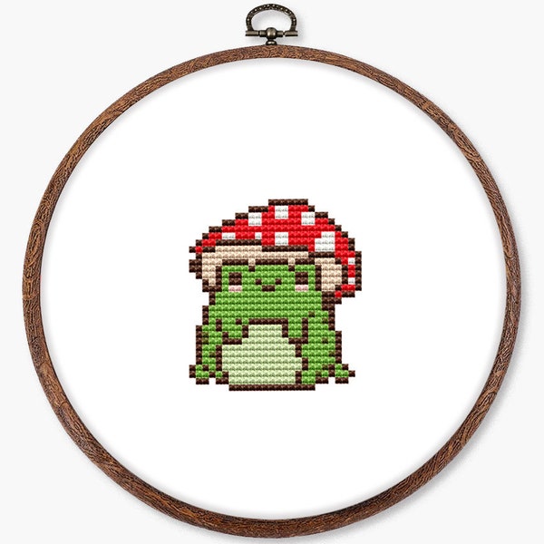 Mushroom frog cross stitch pattern PDF - kawaii funny easy tiny frog lover gift small autumn goblincore cute - digital download CS162