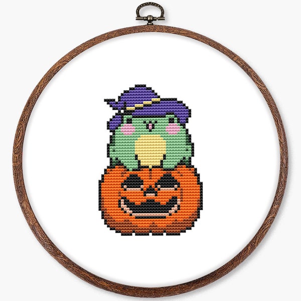 Cute halloween toad cross stitch pattern PDF - autumn funny pumpkin frog cute witch kawaii fall small gift - digital download CS165