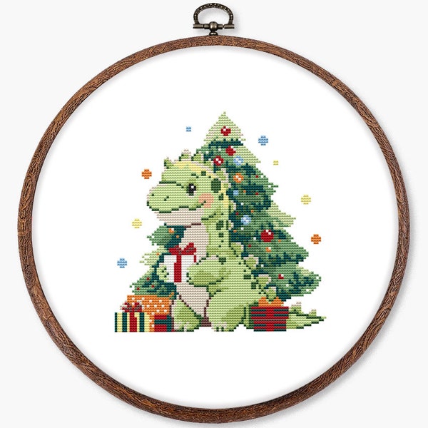 Dinosaur christmas cross stitch pattern PDF - funny christmas gift small fantasy dragon christmas tree simple CS185