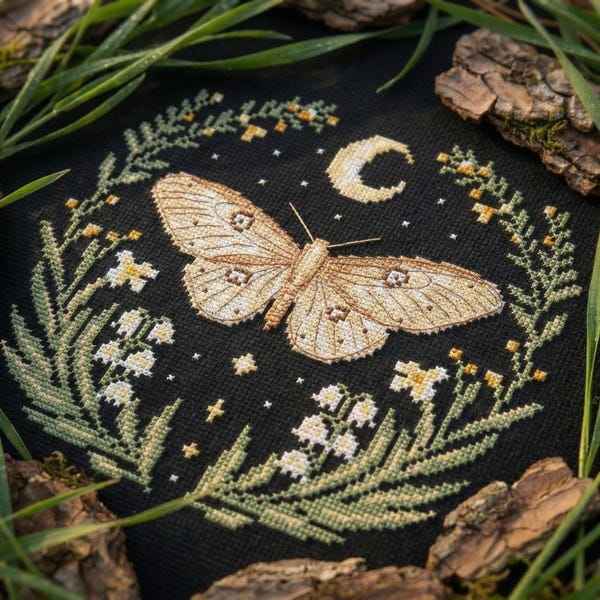 Patrón de punto de cruz de polilla y lirios del valle (PDF) - Descarga digital - Insecto, luna, flor, bruja, costura simple, contado, moderno CS11